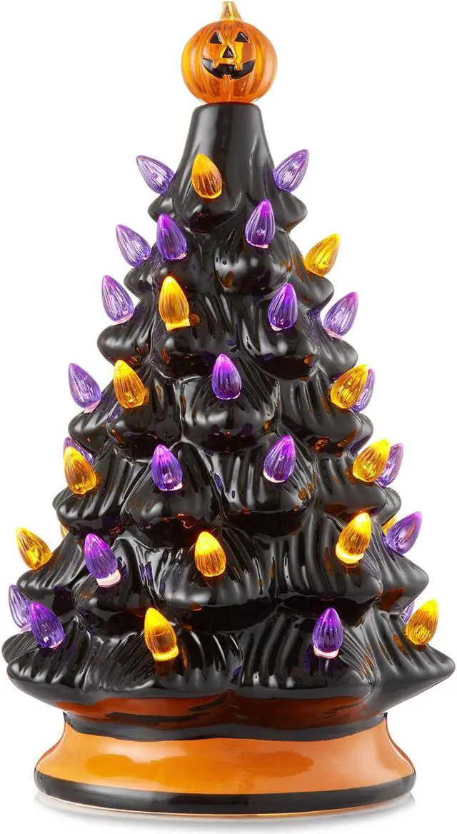 Main image of Casafield Hand-Painted Ceramic Halloween Tree, Black 12-Inch Pre-Lit Decoration with 100 Multi-Color Lights, Jack-O-Lantern and Star Toppers