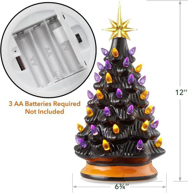 Alt view image 4 of 6 - Casafield Hand-Painted Ceramic Halloween Tree, Black 12-Inch Pre-Lit Decoration with 100 Multi-Color Lights, Jack-O-Lantern and Star Toppers