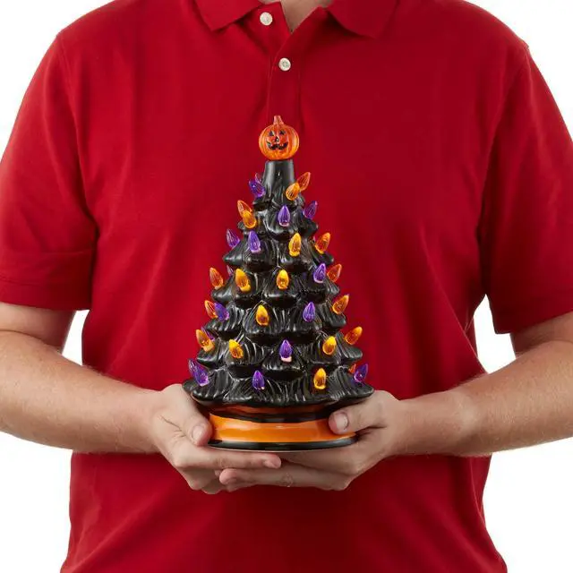 Alt view image 3 of 6 - Casafield Hand-Painted Ceramic Halloween Tree, Black 12-Inch Pre-Lit Decoration with 100 Multi-Color Lights, Jack-O-Lantern and Star Toppers