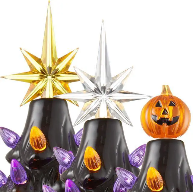 Alt view image 6 of 6 - Casafield Hand-Painted Ceramic Halloween Tree, Black 12-Inch Pre-Lit Decoration with 100 Multi-Color Lights, Jack-O-Lantern and Star Toppers