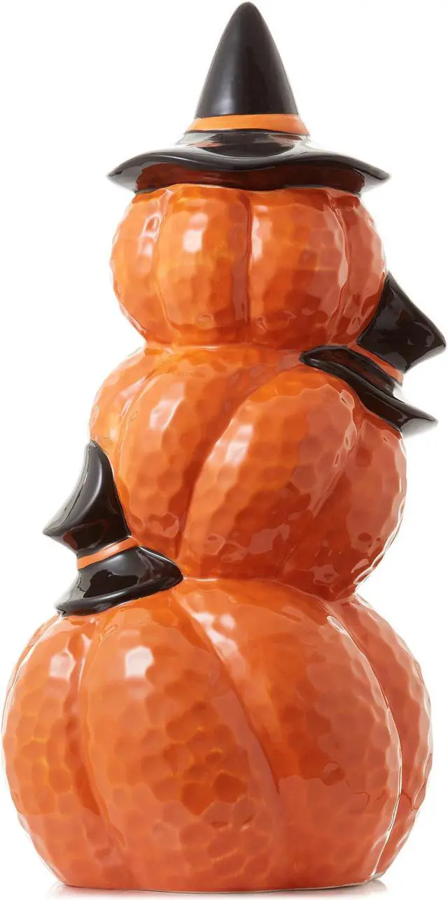 Alt view image 2 of 6 - Casafield Ceramic Halloween Stacked Jack-o-Lanterns, Hand Painted Pre-Lit LED Carved Pumpkin Tabletop Decor
