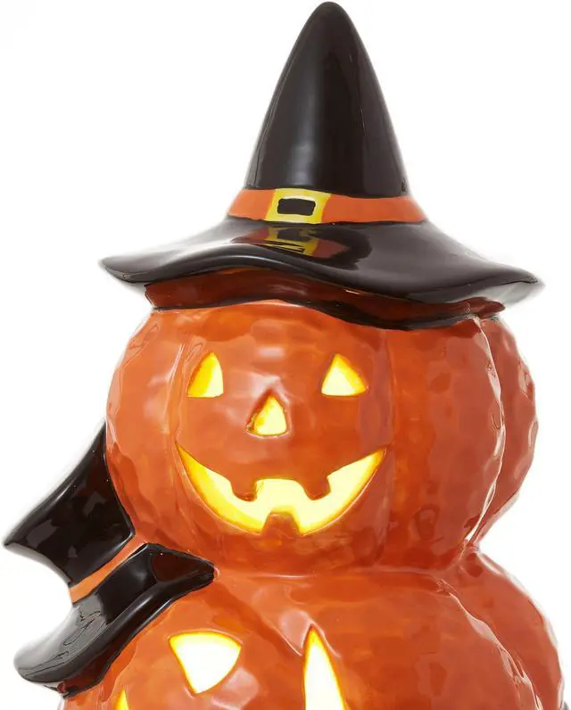 Alt view image 3 of 6 - Casafield Ceramic Halloween Stacked Jack-o-Lanterns, Hand Painted Pre-Lit LED Carved Pumpkin Tabletop Decor