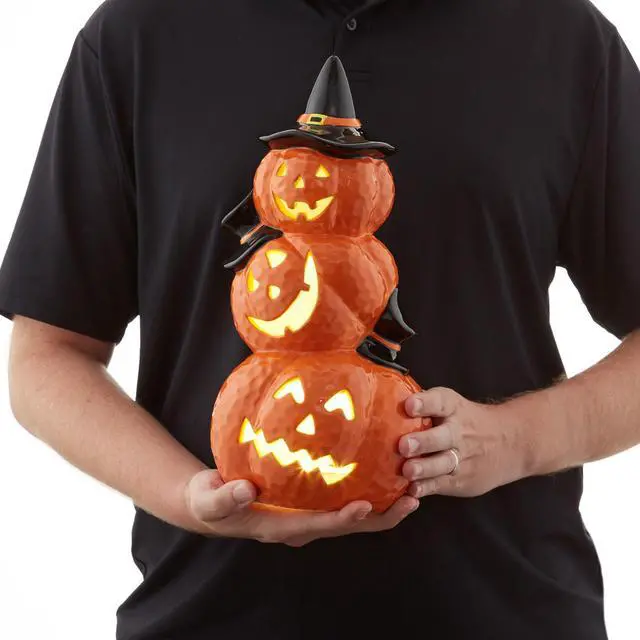 Alt view image 4 of 6 - Casafield Ceramic Halloween Stacked Jack-o-Lanterns, Hand Painted Pre-Lit LED Carved Pumpkin Tabletop Decor