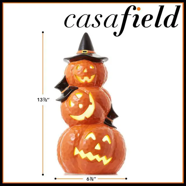 Alt view image 5 of 6 - Casafield Ceramic Halloween Stacked Jack-o-Lanterns, Hand Painted Pre-Lit LED Carved Pumpkin Tabletop Decor