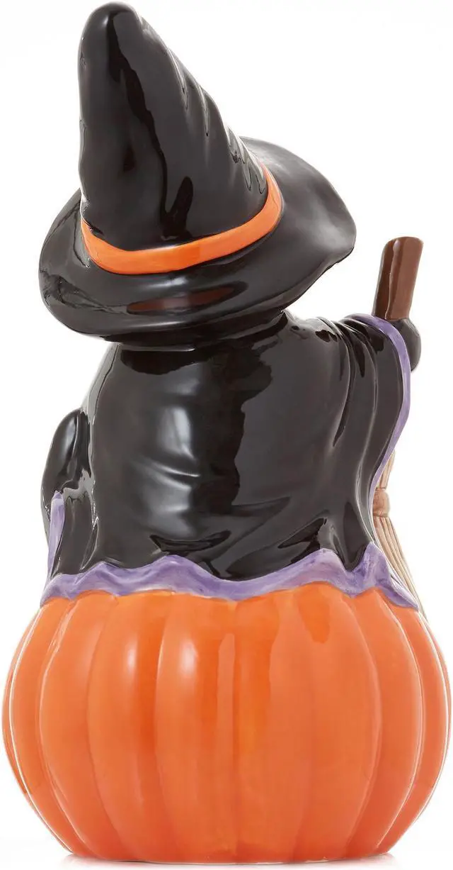 Alt view image 2 of 6 - Casafield Ceramic Halloween Black Cat on Pumpkin, Hand Painted Pre-Lit LED Jack-o-Lantern Pumpkin Tabletop Decor