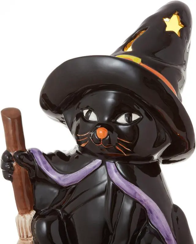 Alt view image 3 of 6 - Casafield Ceramic Halloween Black Cat on Pumpkin, Hand Painted Pre-Lit LED Jack-o-Lantern Pumpkin Tabletop Decor