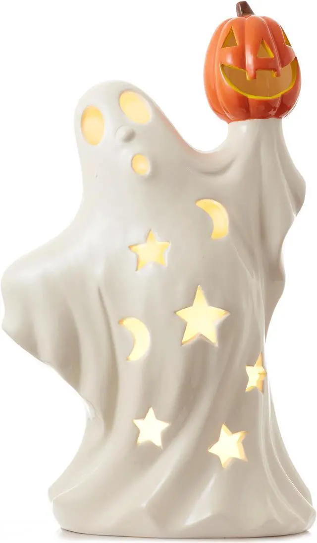 Main image of Casafield Pre-Lit Ceramic Halloween Ghost Holding Jack-o-Lantern, Hand-Painted LED Tabletop Decor