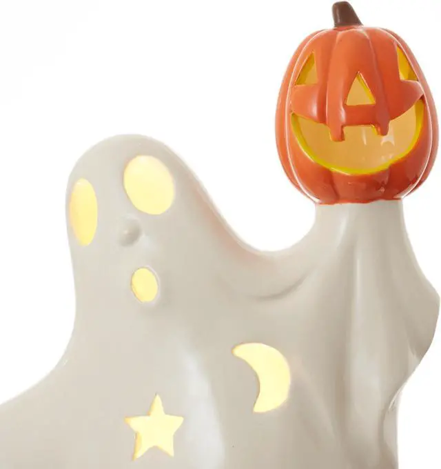Alt view image 3 of 6 - Casafield Pre-Lit Ceramic Halloween Ghost Holding Jack-o-Lantern, Hand-Painted LED Tabletop Decor