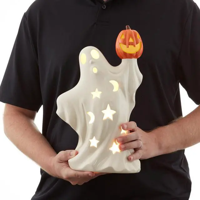 Alt view image 4 of 6 - Casafield Pre-Lit Ceramic Halloween Ghost Holding Jack-o-Lantern, Hand-Painted LED Tabletop Decor