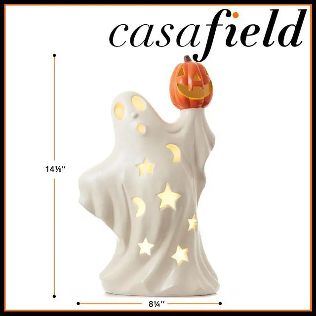 Alt view image 5 of 6 - Casafield Pre-Lit Ceramic Halloween Ghost Holding Jack-o-Lantern, Hand-Painted LED Tabletop Decor