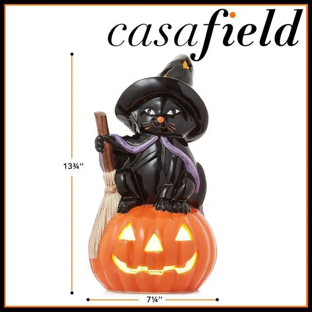 Alt view image 5 of 6 - Casafield Ceramic Halloween Black Cat on Pumpkin, Hand Painted Pre-Lit LED Jack-o-Lantern Pumpkin Tabletop Decor
