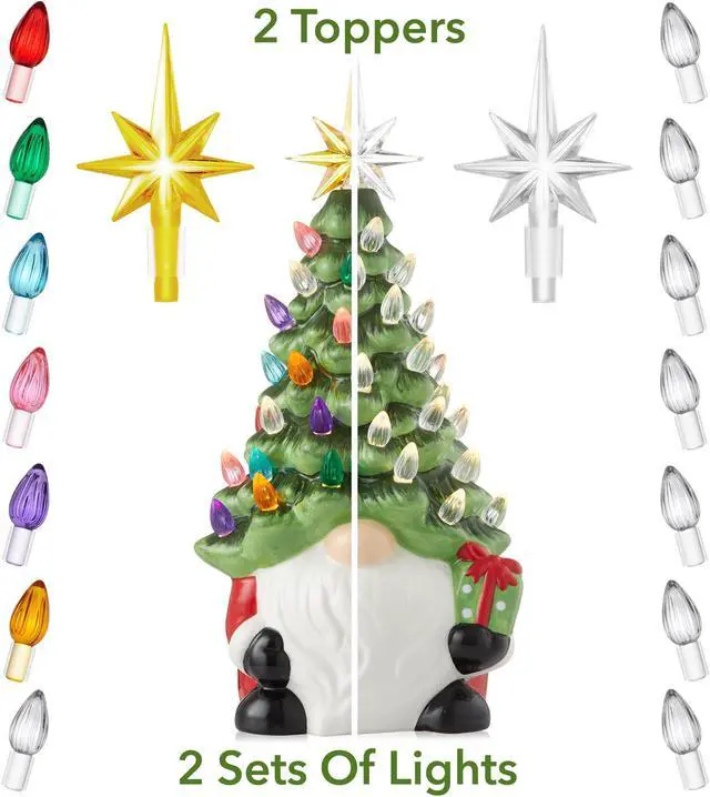 Alt view image 3 of 6 - Casafield Hand Painted Ceramic Christmas Gnome with Tree, Red and Green Pre-Lit Gnome with 78 Multi Color Lights and Star Toppers