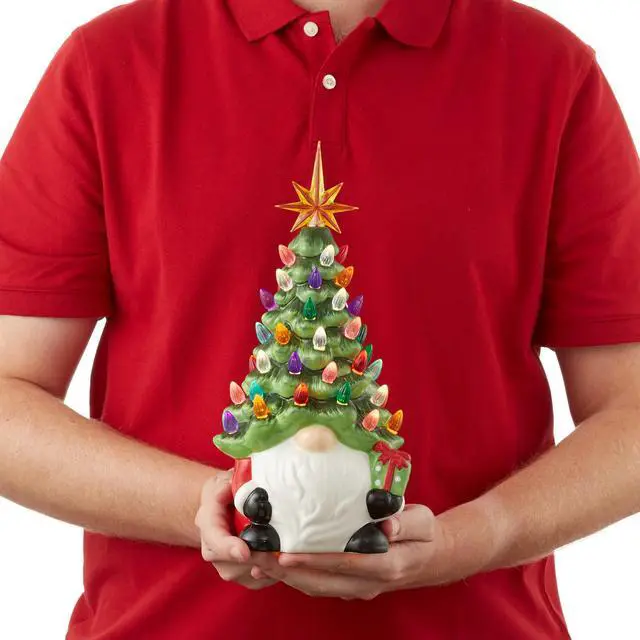 Alt view image 4 of 6 - Casafield Hand Painted Ceramic Christmas Gnome with Tree, Red and Green Pre-Lit Gnome with 78 Multi Color Lights and Star Toppers