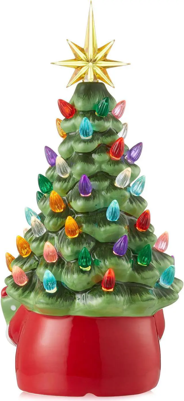 Alt view image 2 of 6 - Casafield Hand Painted Ceramic Christmas Gnome with Tree, Red and Green Pre-Lit Gnome with 78 Multi Color Lights and Star Toppers