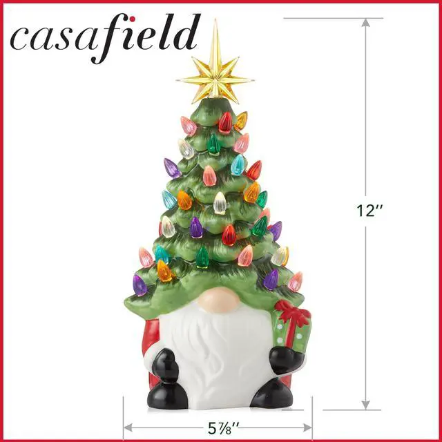 Alt view image 6 of 6 - Casafield Hand Painted Ceramic Christmas Gnome with Tree, Red and Green Pre-Lit Gnome with 78 Multi Color Lights and Star Toppers