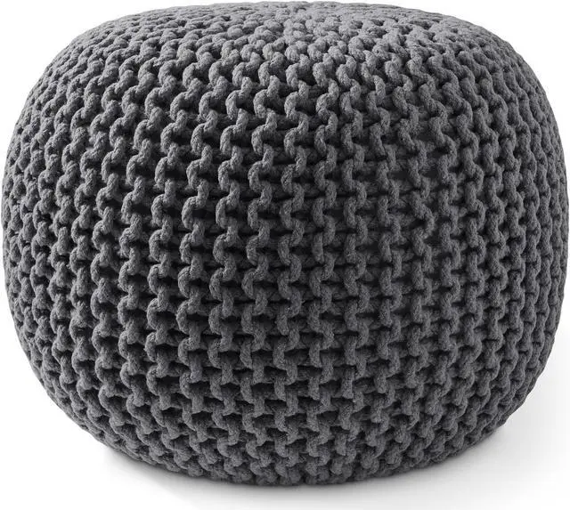 Alt view image 2 of 6 - Casafield Round Pouf Ottoman, Dark Gray - 20" Diameter x 14.5" High Cotton Knit Foot Stool - Boho Floor Pouffe for Living Room, Bedroom, Home Office