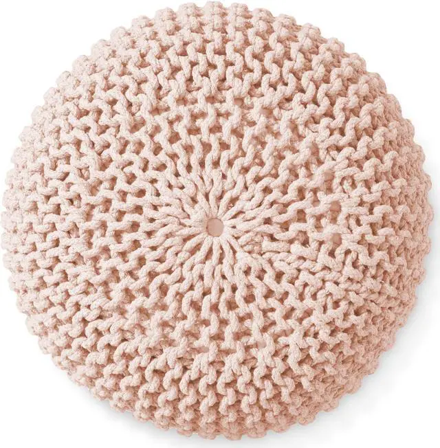 Alt view image 3 of 6 - Casafield Round Pouf Ottoman, Light Pink - 20" Diameter x 14.5" High Cotton Knit Foot Stool - Boho Floor Pouffe for Living Room, Bedroom, Home Office