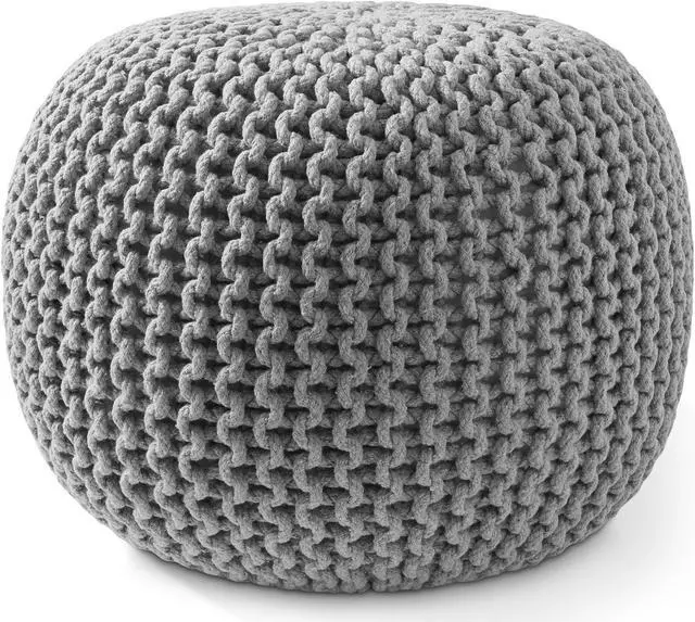 Alt view image 2 of 6 - Casafield Round Pouf Ottoman, Light Gray - 20" Diameter x 14.5" High Cotton Knit Foot Stool - Boho Floor Pouffe for Living Room, Bedroom, Home Office