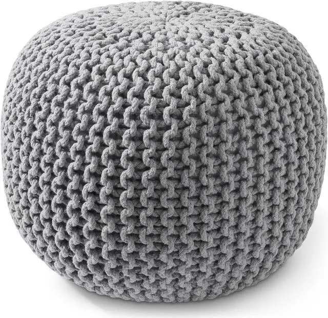 Main image of Casafield Round Pouf Ottoman, Light Gray - 20" Diameter x 14.5" High Cotton Knit Foot Stool - Boho Floor Pouffe for Living Room, Bedroom, Home Office