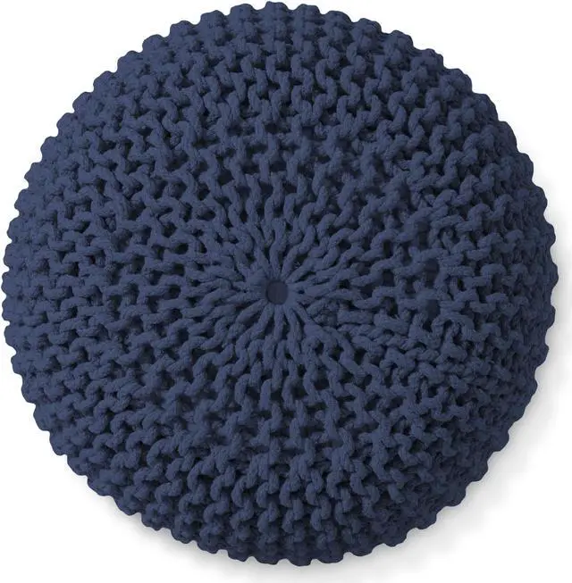 Alt view image 3 of 6 - Casafield Round Pouf Ottoman, Navy Blue - 20" Diameter x 14.5" High Cotton Knit Foot Stool - Boho Floor Pouffe for Living Room, Bedroom, Home Office