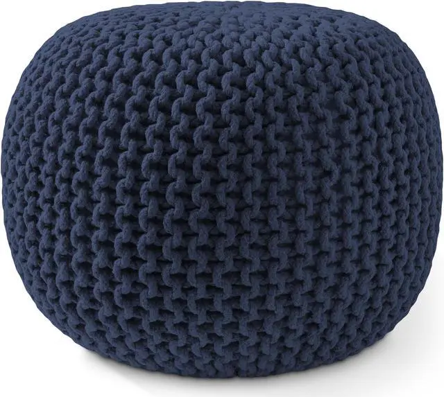 Alt view image 2 of 6 - Casafield Round Pouf Ottoman, Navy Blue - 20" Diameter x 14.5" High Cotton Knit Foot Stool - Boho Floor Pouffe for Living Room, Bedroom, Home Office