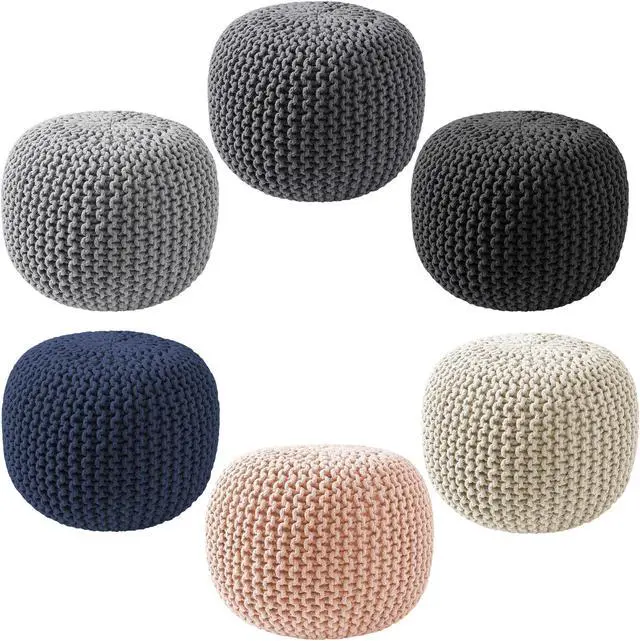 Alt view image 5 of 6 - Casafield Round Pouf Ottoman, Navy Blue - 20" Diameter x 14.5" High Cotton Knit Foot Stool - Boho Floor Pouffe for Living Room, Bedroom, Home Office