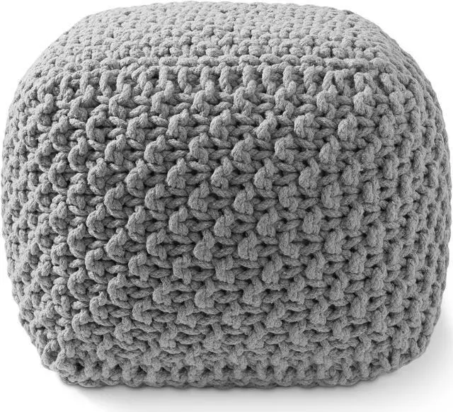 Alt view image 2 of 6 - Casafield Square Pouf Ottoman, Light Gray 18.5" W x 18.5" D x 14.5" H Cotton Knit Foot Stool - Boho Floor Pouffe for Living Room, Bedroom, Home Office