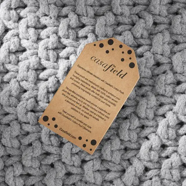 Alt view image 4 of 6 - Casafield Square Pouf Ottoman, Light Gray 18.5" W x 18.5" D x 14.5" H Cotton Knit Foot Stool - Boho Floor Pouffe for Living Room, Bedroom, Home Office