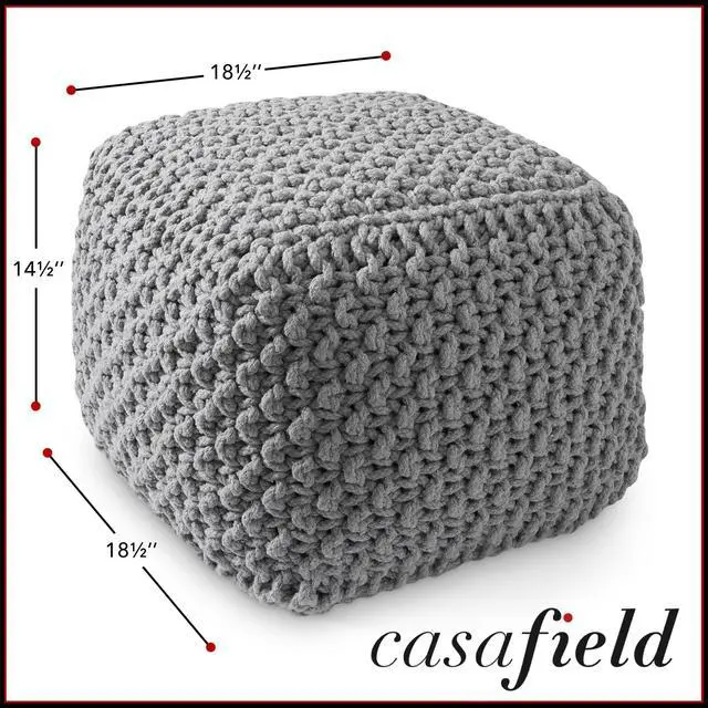 Alt view image 6 of 6 - Casafield Square Pouf Ottoman, Light Gray 18.5" W x 18.5" D x 14.5" H Cotton Knit Foot Stool - Boho Floor Pouffe for Living Room, Bedroom, Home Office