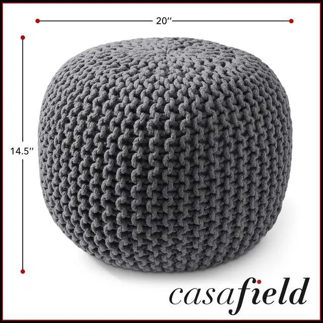 Alt view image 6 of 6 - Casafield Round Pouf Ottoman, Dark Gray - 20" Diameter x 14.5" High Cotton Knit Foot Stool - Boho Floor Pouffe for Living Room, Bedroom, Home Office