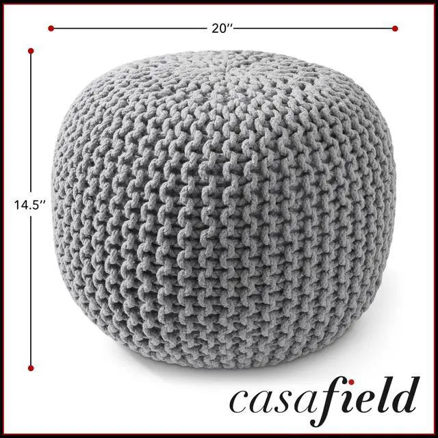 Alt view image 6 of 6 - Casafield Round Pouf Ottoman, Light Gray - 20" Diameter x 14.5" High Cotton Knit Foot Stool - Boho Floor Pouffe for Living Room, Bedroom, Home Office