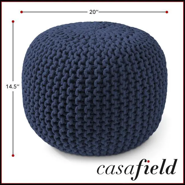 Alt view image 6 of 6 - Casafield Round Pouf Ottoman, Navy Blue - 20" Diameter x 14.5" High Cotton Knit Foot Stool - Boho Floor Pouffe for Living Room, Bedroom, Home Office