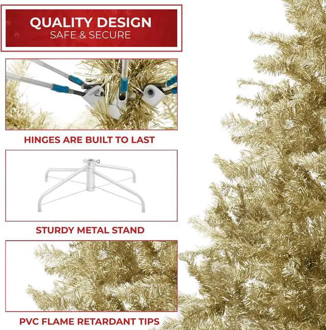 Alt view image 4 of 6 - Casafield 6FT Champagne Gold Tinsel Artificial Holiday Christmas Tree with Sturdy Metal Stand