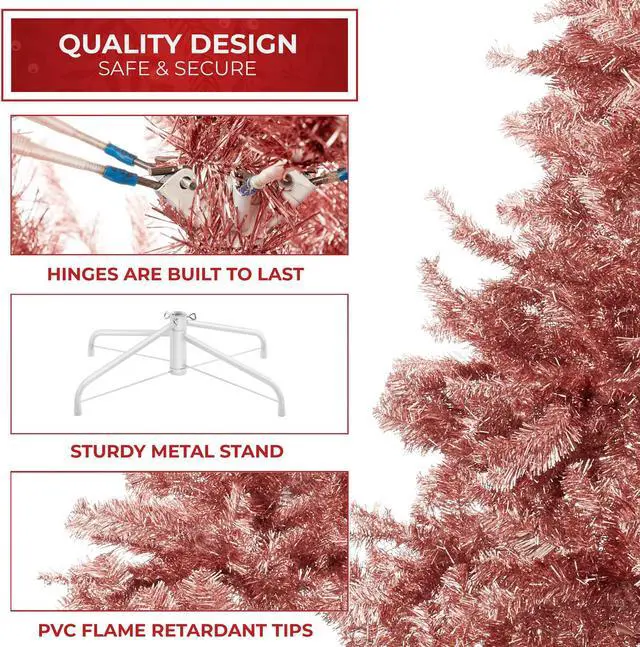 Alt view image 4 of 6 - Casafield 6FT Rose Gold Tinsel Artificial Holiday Christmas Tree with Sturdy Metal Stand