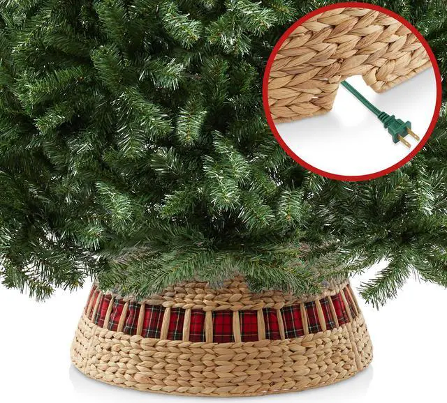 Alt view image 4 of 6 - Casafield 24-Inch Christmas Tree Collar, Water Hyacinth Woven Farmhouse Tree Base Cover with Cord Cut Out, Natural