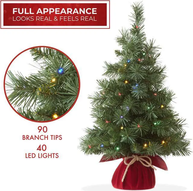Alt view image 4 of 6 - Casafield 2FT Pre-Lit Artificial Mini Christmas Tree, Green Fir Tabletop Holiday Tree with White and Multicolor Lights, Velvet Bag Base
