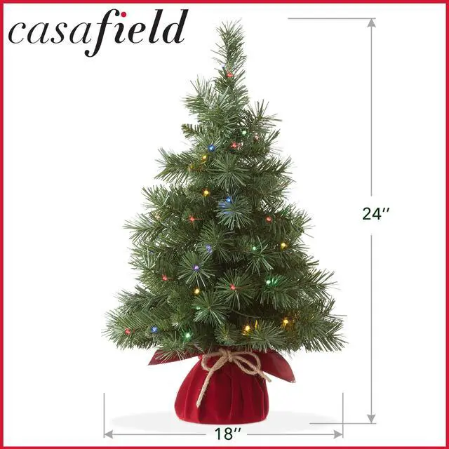 Alt view image 6 of 6 - Casafield 2FT Pre-Lit Artificial Mini Christmas Tree, Green Fir Tabletop Holiday Tree with White and Multicolor Lights, Velvet Bag Base
