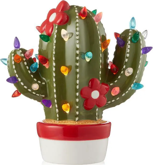 Main image of Casafield Ceramic Christmas Cactus, Hand Painted Green Pre-Lit Cactus with 92 Multi Color Lights