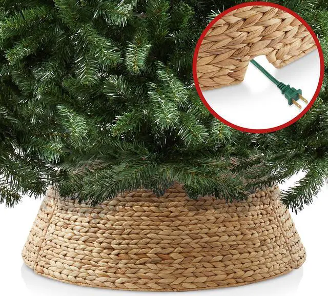 Alt view image 4 of 6 - Casafield 32-Inch Christmas Tree Collar, Woven Water Hyacinth Tree Base Cover with Cord Cut Out, Natural