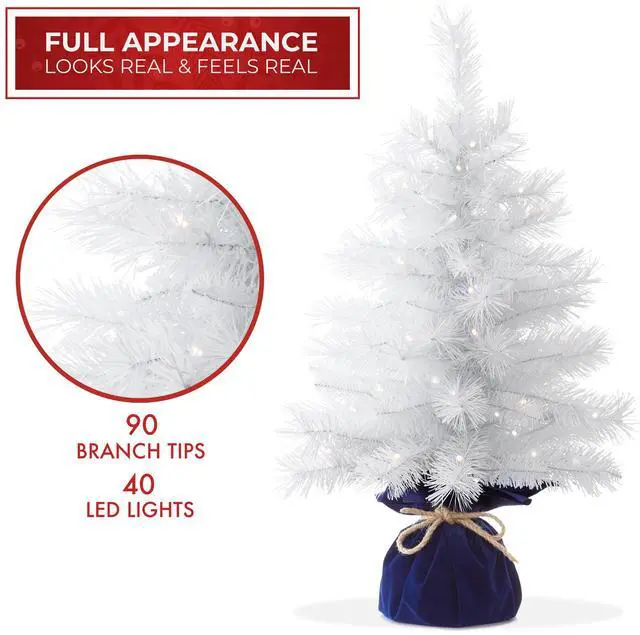 Alt view image 4 of 6 - Casafield 2FT Pre-Lit Artificial Mini Christmas Tree, White Tabletop Holiday Tree with White Lights and Velvet Bag Base