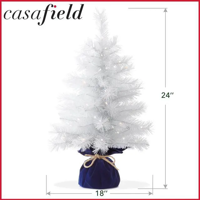 Alt view image 6 of 6 - Casafield 2FT Pre-Lit Artificial Mini Christmas Tree, White Tabletop Holiday Tree with White Lights and Velvet Bag Base