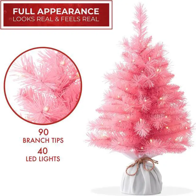 Alt view image 4 of 6 - Casafield 2FT Pre-Lit Artificial Mini Christmas Tree, Pink Tabletop Holiday Tree with White Lights and Velvet Bag Base