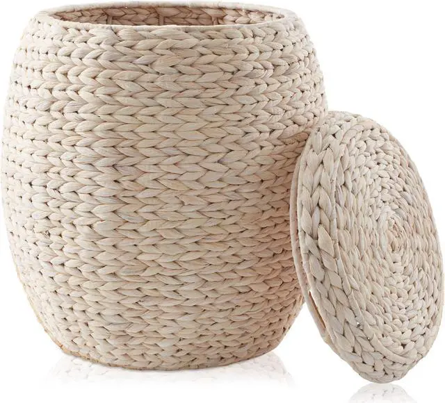 Main image of Casafield Round Storage Basket with Lid - Whitewash, Handwoven Water Hyacinth Organizer for Laundry, Blankets, Plants, Bedroom, Living Room, Home Office