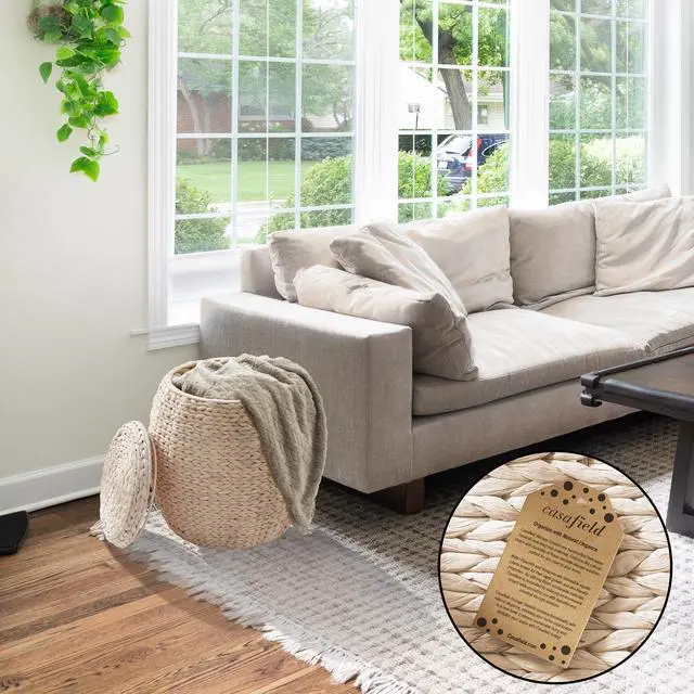 Alt view image 2 of 6 - Casafield Round Storage Basket with Lid - Whitewash, Handwoven Water Hyacinth Organizer for Laundry, Blankets, Plants, Bedroom, Living Room, Home Office