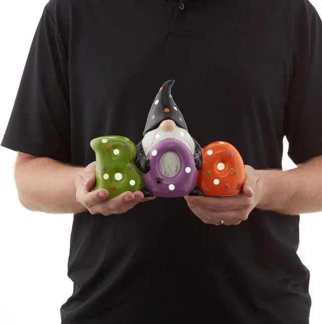 Alt view image 4 of 6 - Casafield Ceramic Halloween BOO Gnome, Hand Painted Pre-Lit LED Gnome Tabletop Decor