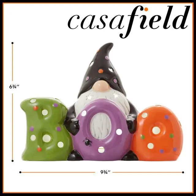Alt view image 5 of 6 - Casafield Ceramic Halloween BOO Gnome, Hand Painted Pre-Lit LED Gnome Tabletop Decor