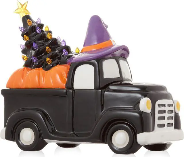 Alt view image 2 of 6 - Casafield Ceramic Halloween Trick or Treat Truck, Hand Painted Pre-Lit LED Jack-o-Lantern Black Truck Tabletop Decor