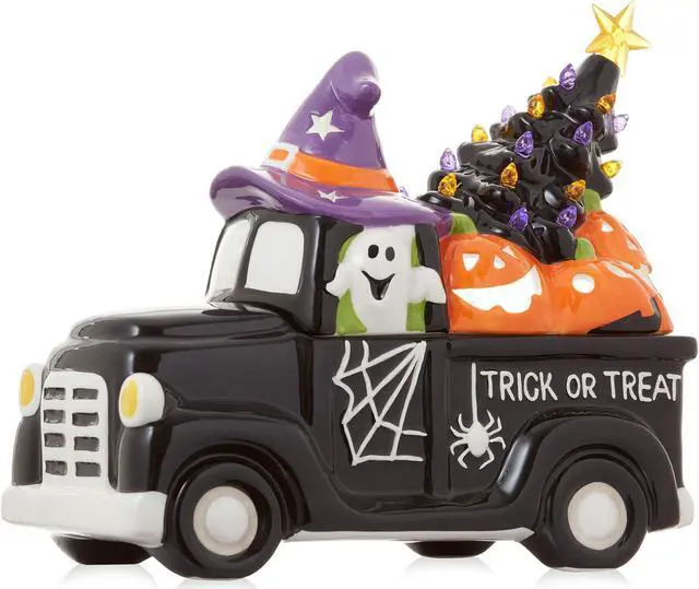 Main image of Casafield Ceramic Halloween Trick or Treat Truck, Hand Painted Pre-Lit LED Jack-o-Lantern Black Truck Tabletop Decor