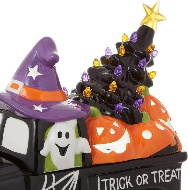 Alt view image 3 of 6 - Casafield Ceramic Halloween Trick or Treat Truck, Hand Painted Pre-Lit LED Jack-o-Lantern Black Truck Tabletop Decor