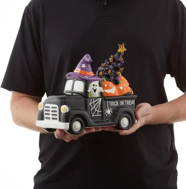 Alt view image 4 of 6 - Casafield Ceramic Halloween Trick or Treat Truck, Hand Painted Pre-Lit LED Jack-o-Lantern Black Truck Tabletop Decor